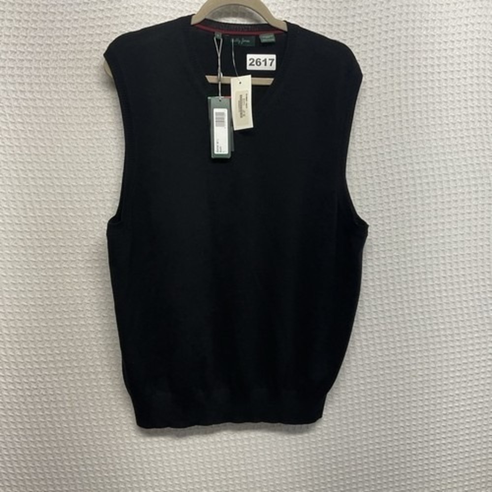 NWT Bobby Jones Black V-Neck Sweater Vest Men L China 100% Wool Dry Clean